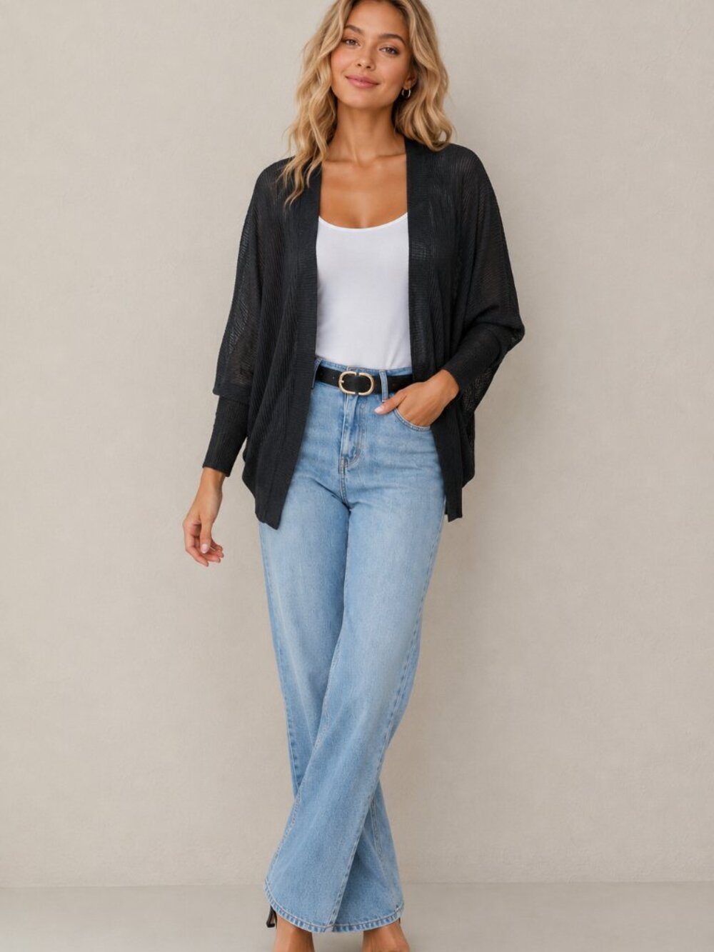 Oversized Batwing Accordion Micro Pleat Open Cardigan Black One Size
